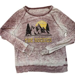 Miken Flow The Rockies‎ Mountain Graphic Pullover Top Athleisure Burgundy